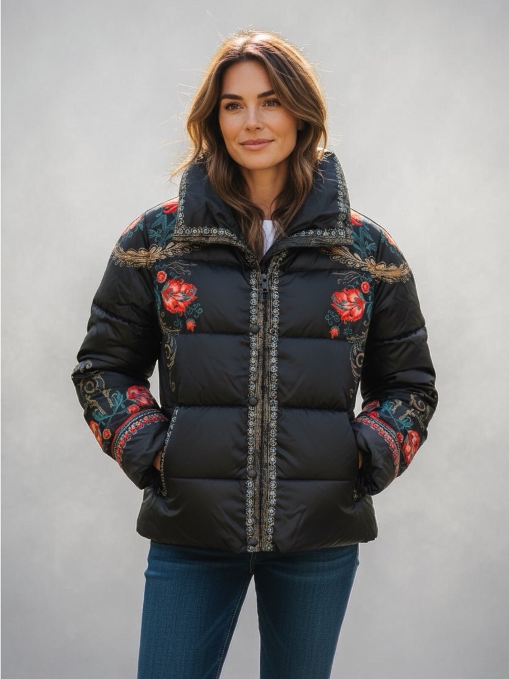 Etro Black Puffer Jacket with Red Floral Embroidery. Never worn.